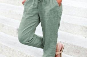 Módní dlouhé kalhoty s kapsami a gumou v pase Amory, olivové