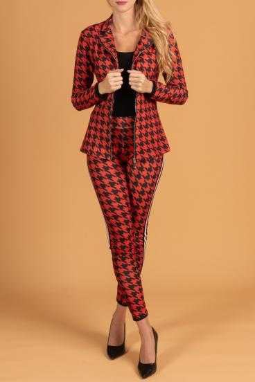 Elegantní kalhotový komplet se vzorem pepita Miriama, černo-červený
