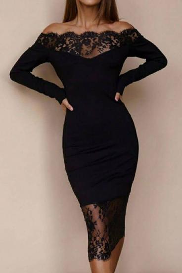 Elegantní midi šaty s dlouhým rukávem a průsvitnou krajkou Avignon, černé