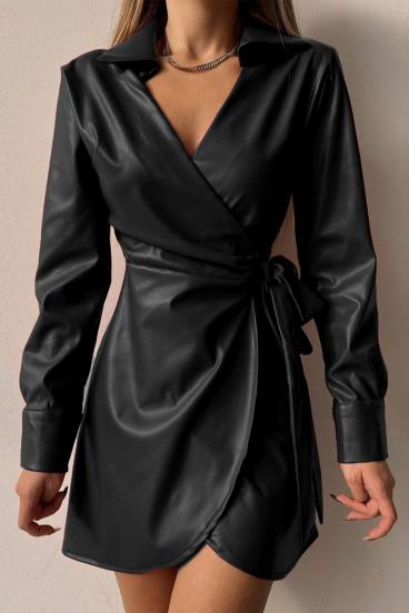 Elegantní zavinovací mini šaty z umělé kůže Pellita, černé