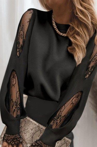 Elegantní halenka s dlouhým rukávem s krajkovými vsadkami a kulatým límečkem Senternada, černá