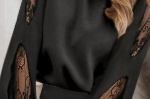 Elegantní halenka s dlouhým rukávem s krajkovými vsadkami a kulatým límečkem Senternada, černá