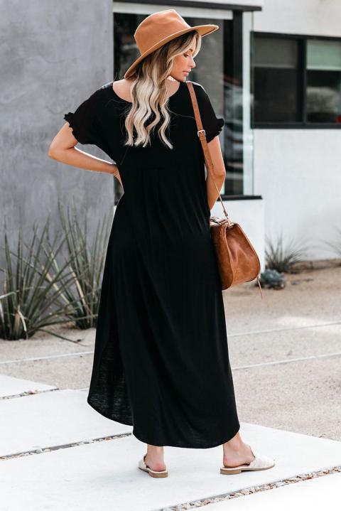 Maxi šaty volného střihu s výstřihem do "V" a krátkými rukávy s volánky Mandelina - černá