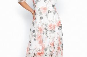 Midi šaty s krátkým rukávem, volnou sukní a květinovým vzorem Theine, bílé