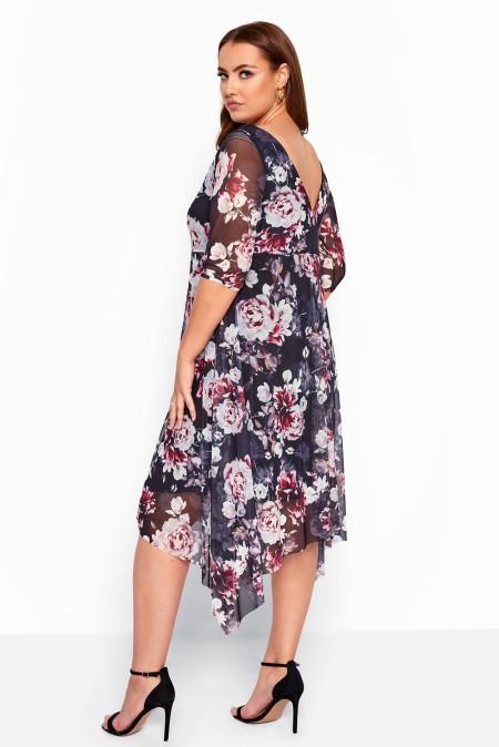 Midi šaty s krátkým rukávem a volnou sukní s květinovým vzorem Theia, černé