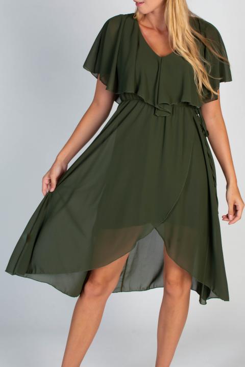 Elegantní midi šaty s volánkem a skládací sukní Barbados, olivové