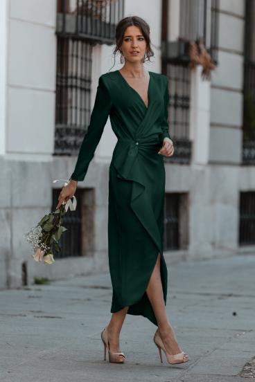 Elegantní midi šaty s 3/4 rukávy Brynlee, tmavě zelené