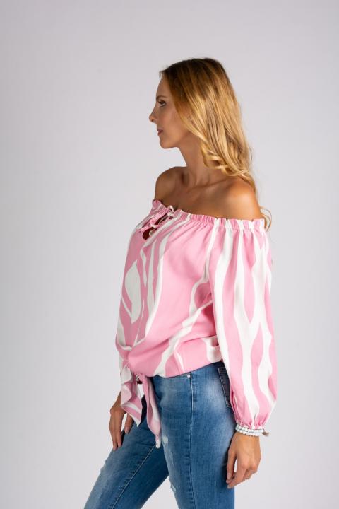 Volná košile s odhalenými rameny a tkaničkami na zavazování Inessy, bílá a růžová