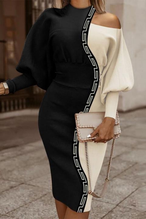 Elegantní midi šaty s geometrickým potiskem, černá a béžová