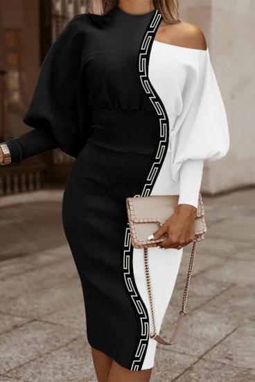 Elegantní midi šaty s geometrickým potiskem, černobílé