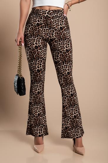 Módní zvonové kalhoty s leopardím potiskem, béžová