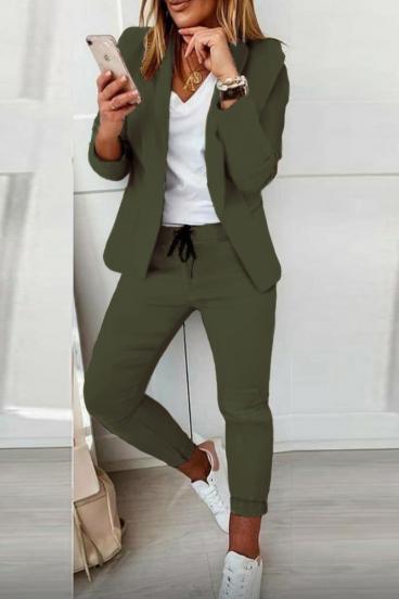 Elegantní jednobarevný kalhotový kostým Estrena, olivová