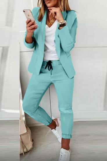 Elegantní jednobarevný kalhotový kostým Estrena, tyrkysová