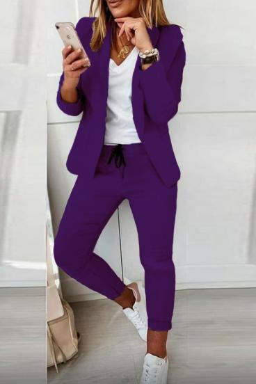 Elegantní jednobarevný kalhotový kostým Estrena, fialový