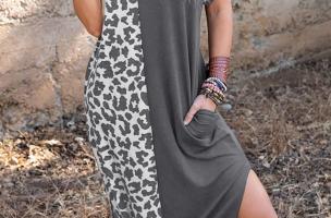 Elegantní maxi šaty s leopardím potiskem, šedé