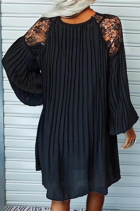 Elegantní plisované mini šaty s dlouhými volnými rukávy a krajkovými vsadkami Cremona, černé