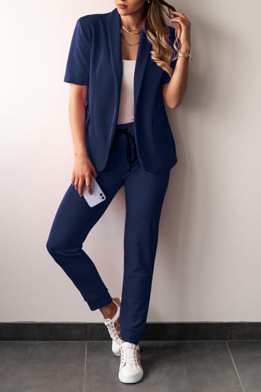 Elegantní jednobarevný kalhotový kostým s krátkým rukávem, tmavě modrý