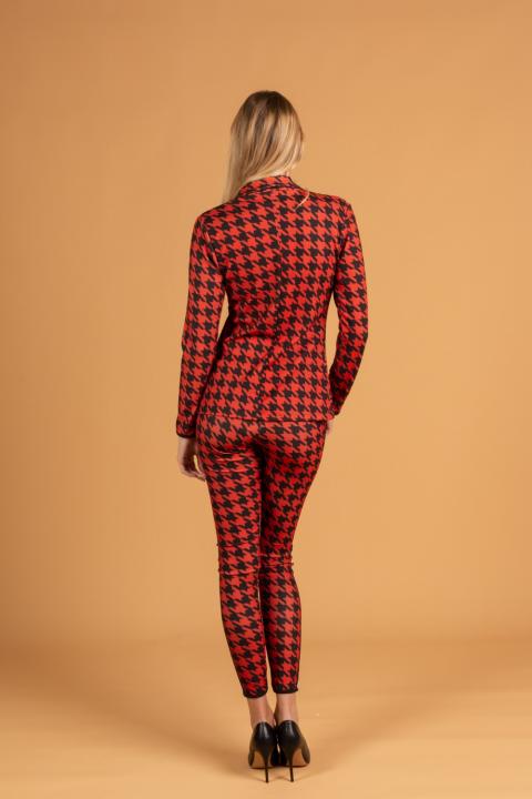 Elegantní kalhotový komplet se vzorem pepita Miriama, černo-červený