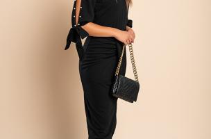 Elegantní midi šaty s kulatým límcem 3/4 rukávy s rozparkem a ozdobnými korálky Peppina, černé