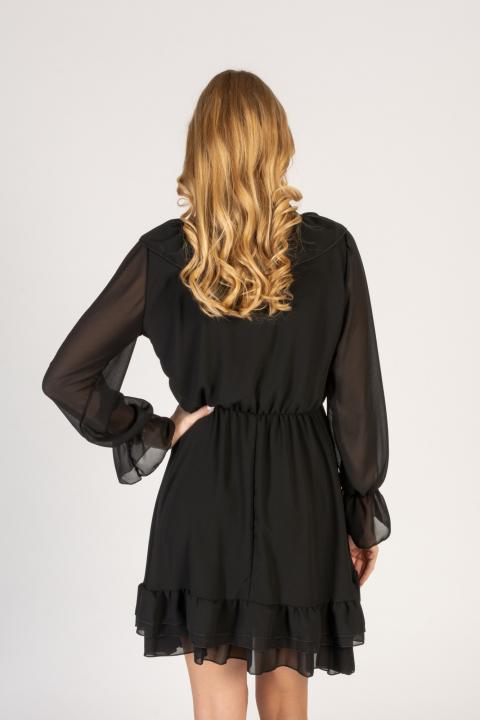 Elegantní mini šaty s ,,V,, výstřihem, čipkou a volánky Clementina, černé