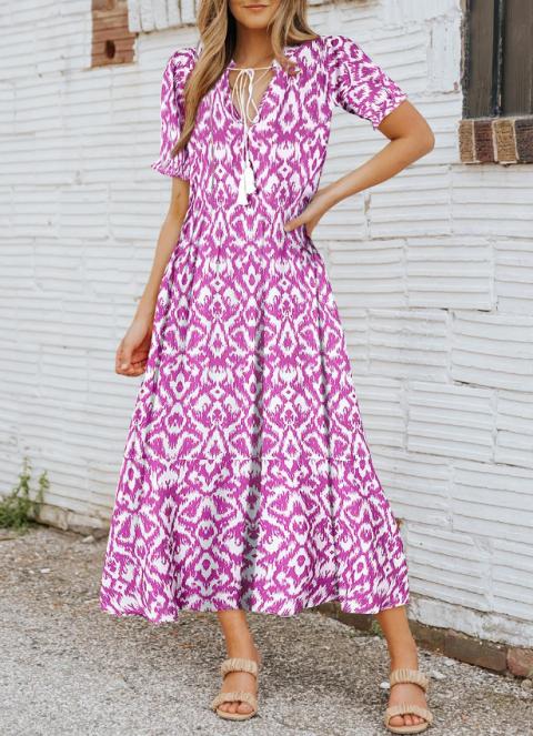 Maxi šaty s geometrickým potiskem, růžové