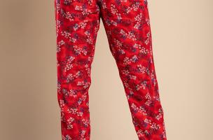 Dlouhé bavlněné kalhoty s květinovým potiskem, červené