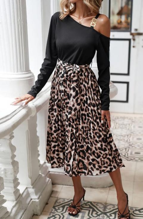 Midi šaty s leopardím potiskem, černé