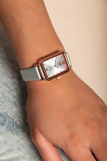 Elegantní hodinky s řemínkem z imitace kůže, světle šedé