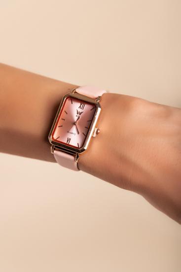 Elegantní hodinky s řemínkem z imitace kůže, světle růžové