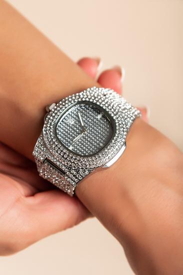 Elegantní hodinky s ozdobnými diamanty, stříbrné barvy