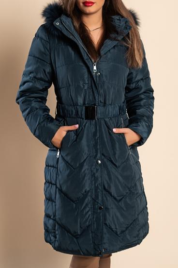 Plus size delší prošívaná bunda s kapucí, tmavě modrá