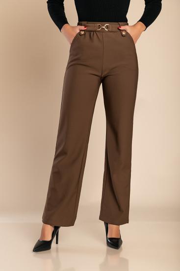Módní kalhoty s kovovým detailem, hnědé
