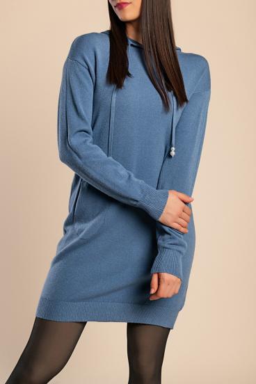 Krátké pletené šaty s kapucí, modré