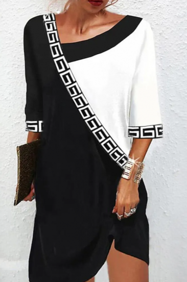 Elegantní šaty s geometrickým potiskem, černobílé