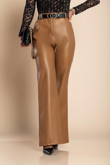 Elegantní dlouhé kalhoty z umělé kůže, velbloud