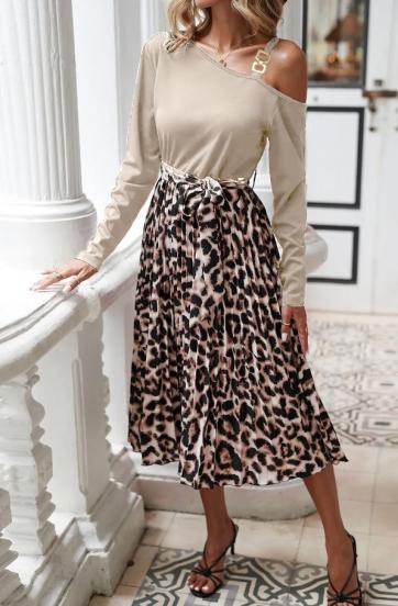 Midi šaty s leopardím vzorem, béžová