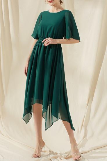 Dlouhé asymetrické midi šaty, tmavě zelené