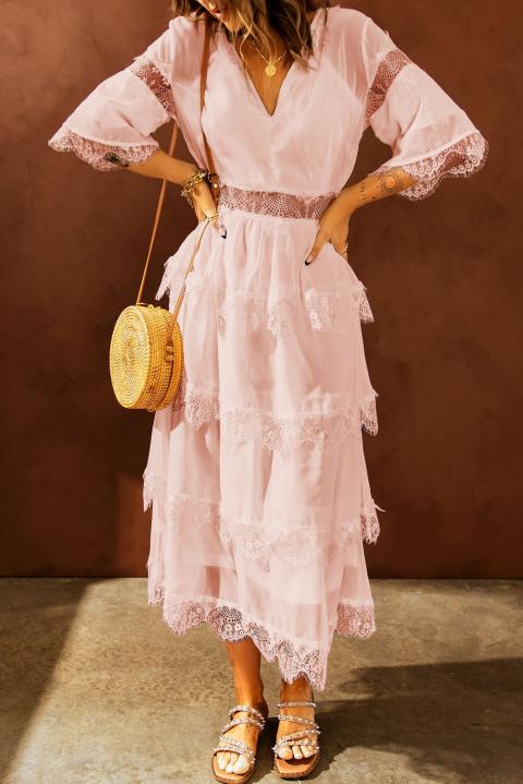 Elegantní midi šaty s vsadkami z průhledné krajky Tiziana,, růžové