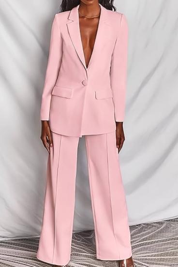 Elegantní jednobarevný kalhotový kostým, světle růžový