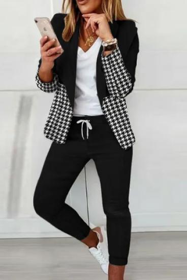Elegantní kalhotový kostým se vzorem pepita Estrena, černo/bílá
