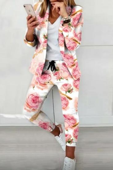 Elegantní kalhotový kostým s květinovým vzorem Estrena, bílá/potisk