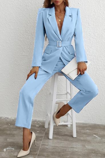 Elegantní jednobarevný kalhotový kostým, světle modrý