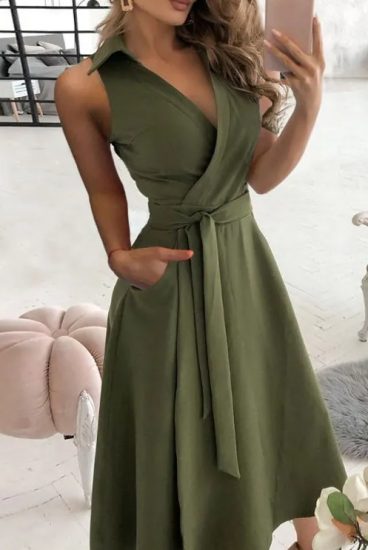 Elegantní midi šaty s límečkem, olivově zelené
