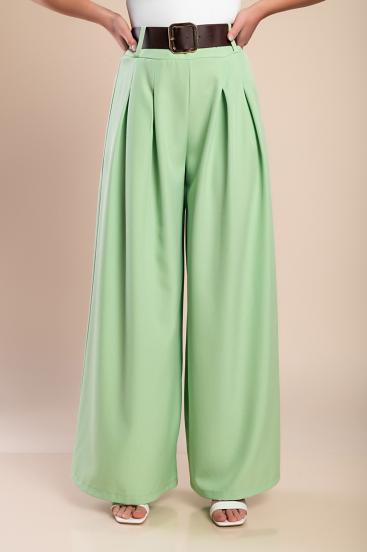 Elegantní dlouhé kalhoty s páskem, světle zelené