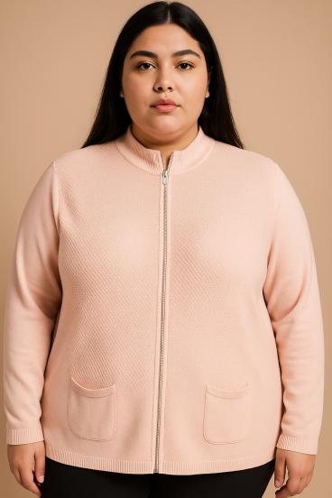 Pletený kardigan plus size se zipem, světle růžový