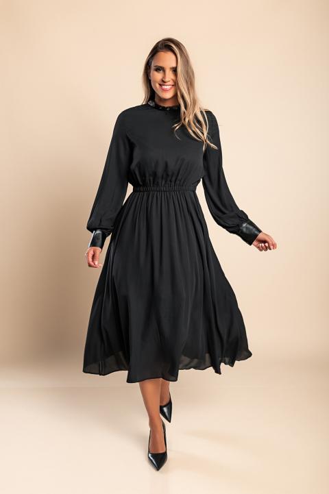 Elegantní midi šaty s vsadkami z umělé kůže Plana, černé