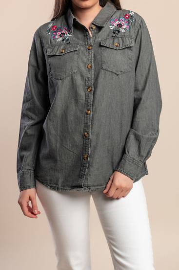 Džínová košile plus size s výšivkou, šedá