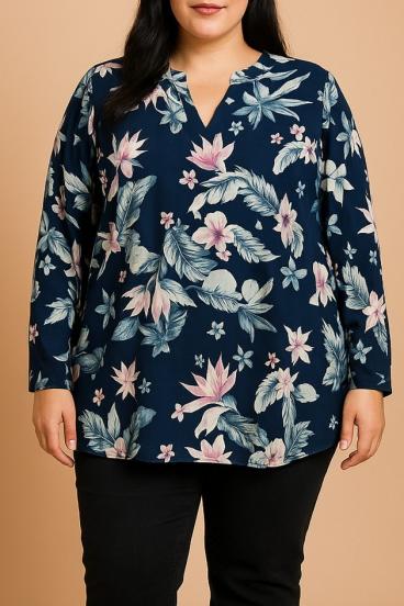 Halenka plus size s květinovým potiskem, tmavě modrá