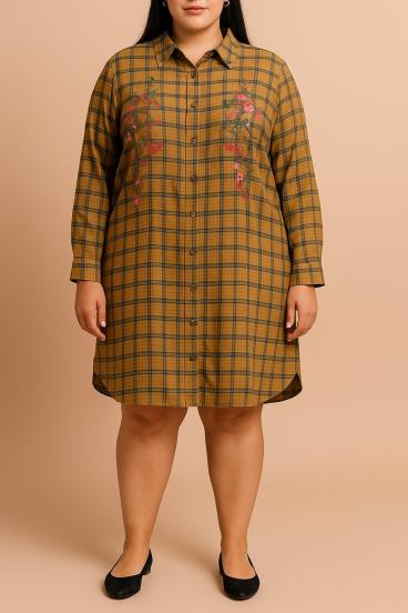 Košile plus size s kostkovaným potiskem, hnědá