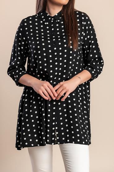 Dlouhá halenka plus size s puntíkovaným potiskem, černá